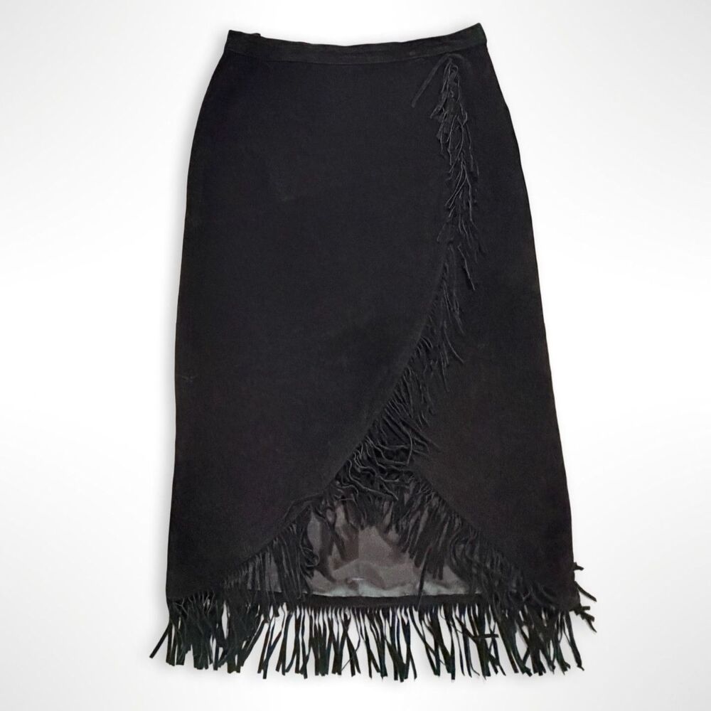 Denim & Co, Genuine Leather Black Suede Fringe Wrap Midi Skirt, S Western